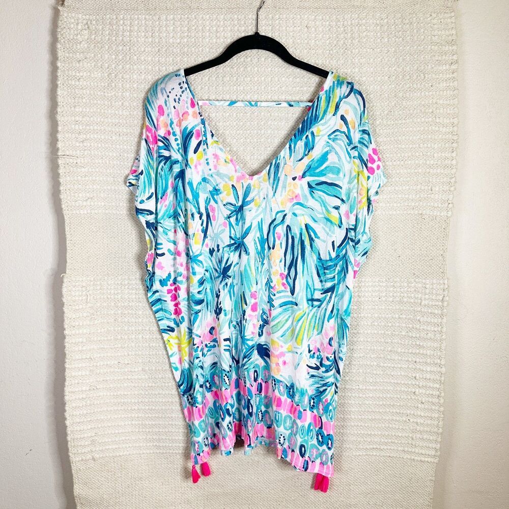 LILLY PULITZER serene blue Tippy Top tassel trim Seagate tunic top S/M